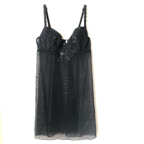 Parisa Vintage Y2K 00s Black Floral Embroidered Sheer Mesh Babydoll 38B - Picture 1 of 3